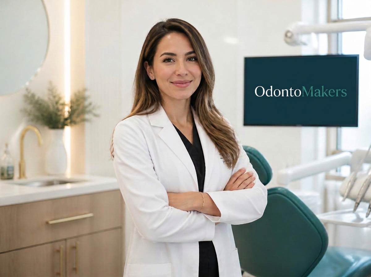 Dentista confiante em consultório moderno e sofisticado